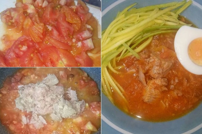 Cook tomato sauce with green mango tuna